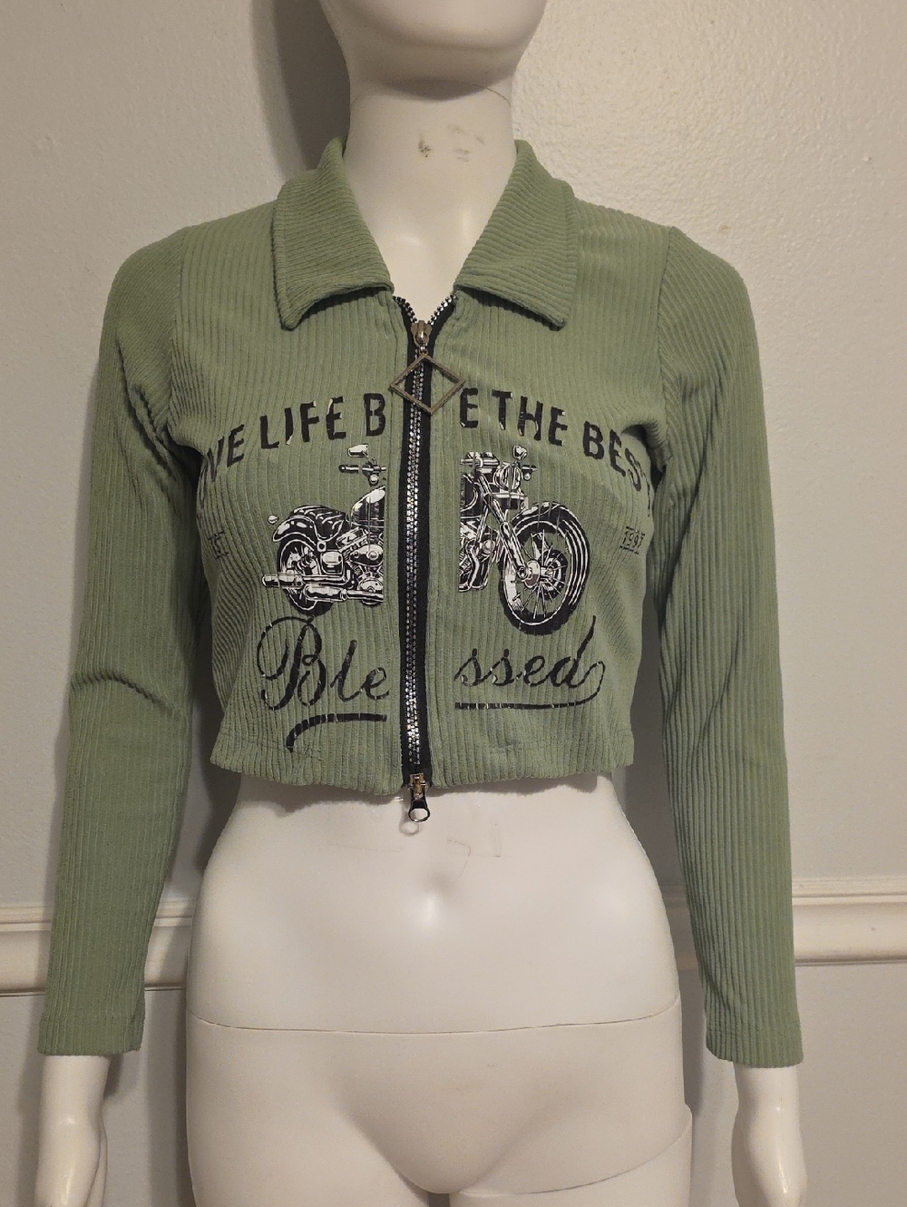 Cropped Ribbed Zip-Up Sweater Jacket - Sage Green